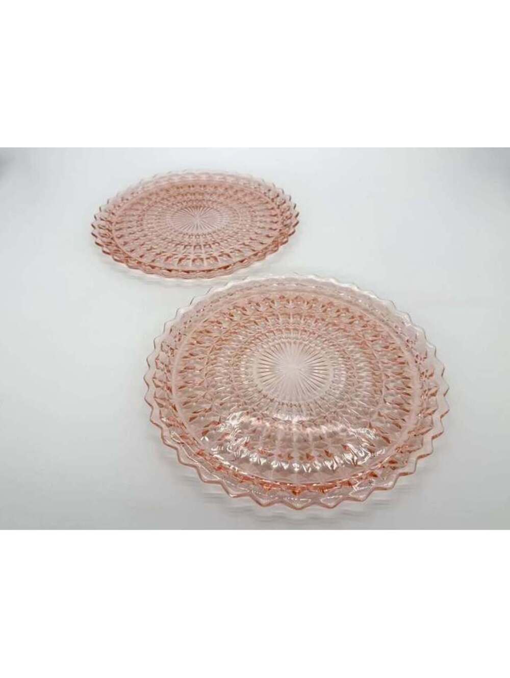 2 Vintage Jeannette Holiday Buttons & Bows Pink Glass Plates 10.25”